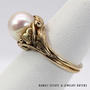 Ming's 9mm Pearl 14K Yellow Gold Carve Design Ring Size 6 - Image 2