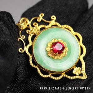 Mottled Green Jade Donut 22K Yellow Gold Pendant with Synthetic Red Stone 39x23mm