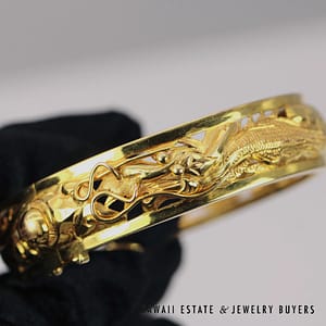 15.5mm Dragon & Phoenix 18K Yellow Gold Hinged Bangle Bracelet Size 7 - Image 3