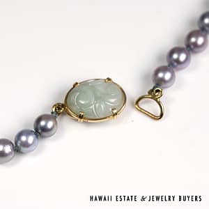 Mings 6.5-7mm Blue Pearl 34" Strand with Carved Jade 14k Yellow Gold Clasp - Image 2