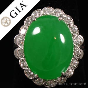 GIA Certified Apple Green Jade Cabochon Diamond 14K Ring