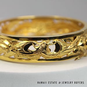 15.5mm Dragon & Phoenix 18K Yellow Gold Hinged Bangle Bracelet Size 7 - Image 2