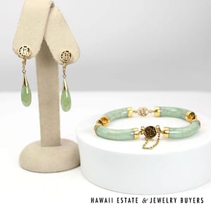 Mottled Green Jade 14K Yellow Gold Bracelet & Earrings Set