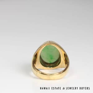 Mottled Green Jade 16x12mm Oval Cabochon 14K Yellow Gold Ring Size 9.75 - Image 2