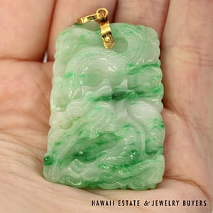 GIA 14K Yellow Gold and Moss in Snow Carved Jade Dragon Pendant #041023-03 - Image 2