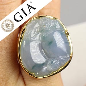 GIA Gray & Grayish Green Carved Jade 18K Yellow Gold Ring Size 5.5