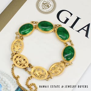 GIA Green Type A Jade 22K Yellow Gold Cabochon Bracelet Size 6.5