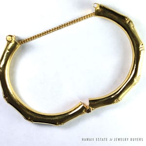 HEAVY YELLOW GOLD BAMBOO DESIGN HINGED BANGLE BRACELET - Image 3