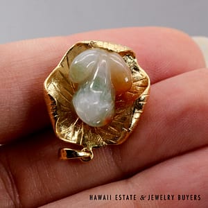 Green White and Honey Jade Frog And Lily Pad 14K Yellow Gold Pendant - Image 8