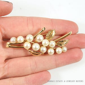 MING'S HAWAII PEARL FLORAL 14K YELLOW GOLD BROOCH PIN