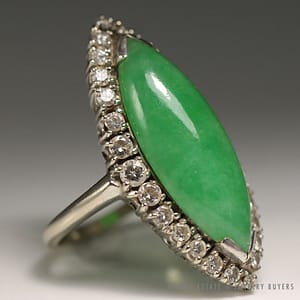 Vintage 1970's Large Marquise Apple Green Jade Diamond 14K Ring