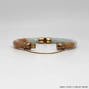 MING'S 42.9g 14KYG GREY & BROWN JADE HINGED BANGLE BRACELET SIZE 7 - Image 5