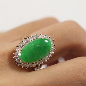 Natural Jade Apple Green Diamond Cluster 14K Yellow Gold Ring (SZ 6)