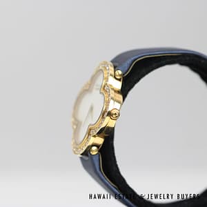 Van Cleef & Arpels 18K YG Alhambra Watch With Diamond Bezel & MOP Dial with Blue Strap - Image 7