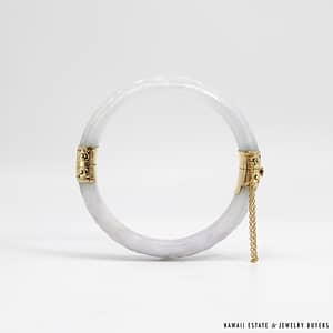 MING'S 56.5g 14KYG CARVED LAVENDER JADE BANGLE WITH BOX SIZE