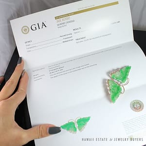 GIA CERTIFIED NATURAL TYPE GRADE A JADEITE JADE GREEN & 0.45CTW DIAMOND BUTTERFLY 14K YELLOW GOLD PENDANT - Image 3