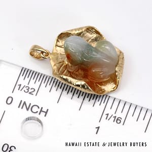 Green White and Honey Jade Frog And Lily Pad 14K Yellow Gold Pendant - Image 12