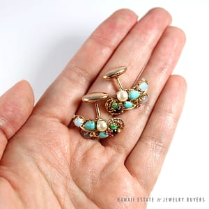 VINTAGE MULTI COLOR TURQUOISE SAPPHIRE PEARL MOONSTONE 10K YELLOW GOLD CUFFLINK - Image 2