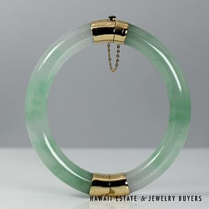 Mottled Green Jade Hinged Bangle Bracelet with 14K Yellow Gold Size 7.5"
