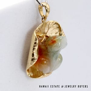 Green White and Honey Jade Frog And Lily Pad 14K Yellow Gold Pendant - Image 6