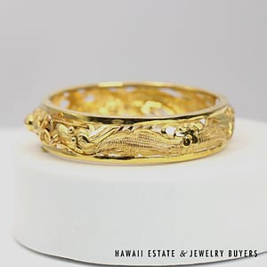 15.5mm Dragon & Phoenix 18K Yellow Gold Hinged Bangle Bracelet Size 7 - Image 5