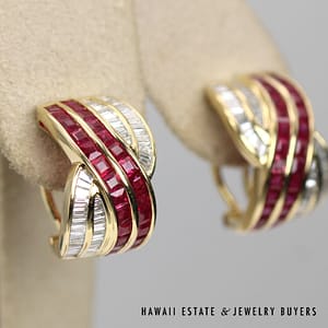 LeVian 4ctw Ruby and 4ctw Diamond 18k Yellow Gold Earrings with Omega Backs, 11.8g - Image 2