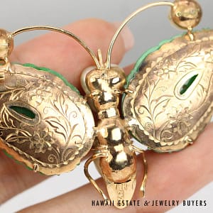 GIA Natural A Jadeite Jade Green Baroque Pearl Yellow Gold Butterfly Brooch Pin - Image 3