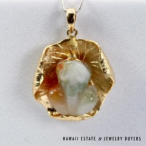 Green White and Honey Jade Frog And Lily Pad 14K Yellow Gold Pendant - Image 5