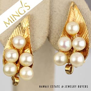 MING'S HAWAII LEAF MOTIF PEARL CLUSTER 14K YELLOW GOLD CLIP EARRINGS