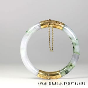 Mottled Lavender Gray & Green Hinged 14k Yellow Gold Bangle Bracelet Size 6.25, 35.5g