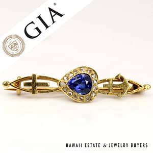 GIA 1.50ct Lab Grown Sapphire 0.50ctw Rose Cut Diamond 14k Yellow Gold Brooch