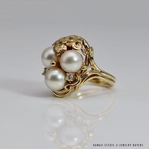 MING'S 14KYG THREE PEARL CLUSTER W/ 0.12ctw DIAMOND RING SIZE 5.75 - Image 6