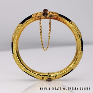 22K Yellow Gold Black Bakelite Hinged Bangle Bracelet SIZE 6.5 #2854-01 - Image 2