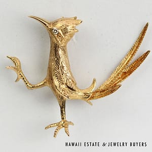 0.03ct Diamond Roadrunner Bird 14K Yellow Gold Brooch Pin