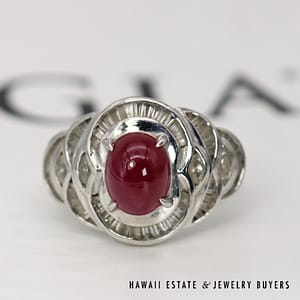 GIA Natural 3.74ct Ruby Cabochon 0.90ctw Baguette Diamond Ring Platinum Size 6.5