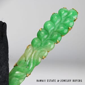 Antique Chinese Mottled Green Jade Carved 14K Yellow Gold Brooch