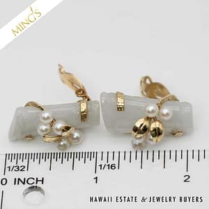 MING'S 11g 14KYG LIGHT GRAY JADE BAMBOO PEARL CLUSTER CLIP EARRINGS w/MING'S BOX - Image 6
