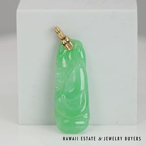 GIA Type A Carved Mottled Green Jade 14k Yellow Gold Pendant - Image 2