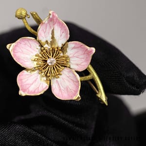 Vintage Art Nouveu Old Mine Cut Diamond Pink Enamel Posey Cherry Blossom 18K Yellow Gold Brooch Pin