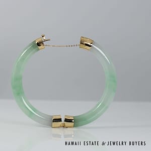 Mottled Green Jade Hinged Bangle Bracelet with 14K Yellow Gold Size 7.5" - Image 2