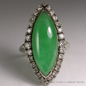 Vintage 1970's Large Marquise Apple Green Jade Diamond 14K Ring