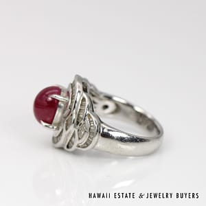 GIA Natural 3.74ct Ruby Cabochon 0.90ctw Baguette Diamond Ring Platinum Size 6.5 - Image 2