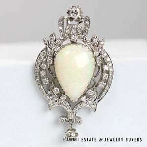 6ct Pear Shaped Opal Cabochon 1.60ctw Diamond 14k White Gold Brooch 55x32mm, 14.4g - Image 2