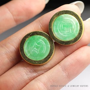 VINTAGE JADE ROUND 18K YELLOW GOLD MENS CUFF LINKS - Image 3