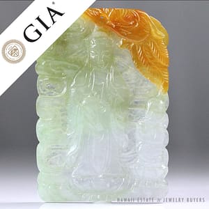GIA CERTIFIED GRADE A TYPE A JADEITE JADE TRANSLUCENT MULTI-COLOR QUAN YIN CARVED JADE W/ GIA CERTIFICATE