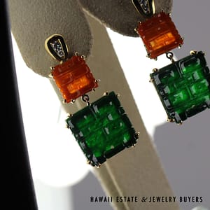 Green & Orange Jade with 0.15ctw Diamond Dangle 14K Yellow Gold Earrings - Image 2