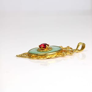 Mottled Green Jade Donut 22K Yellow Gold Pendant with Synthetic Red Stone 39x23mm - Image 3