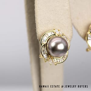 2ctw Diamond & 11mm Tahitian Pearl Pierced 18K Yellow Gold Earrings with Omega Clips - Image 2