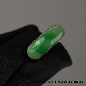 GIA Type A Mottled Green Jade Saddle Ring 14k Yellow Gold 22x8mm Size 13 - Image 3