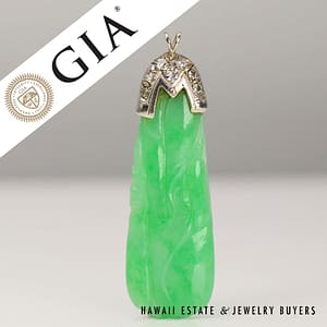 GIA Type A Green Jadeite Jade 0.20ctw Diamond 14K White Gold Pendant